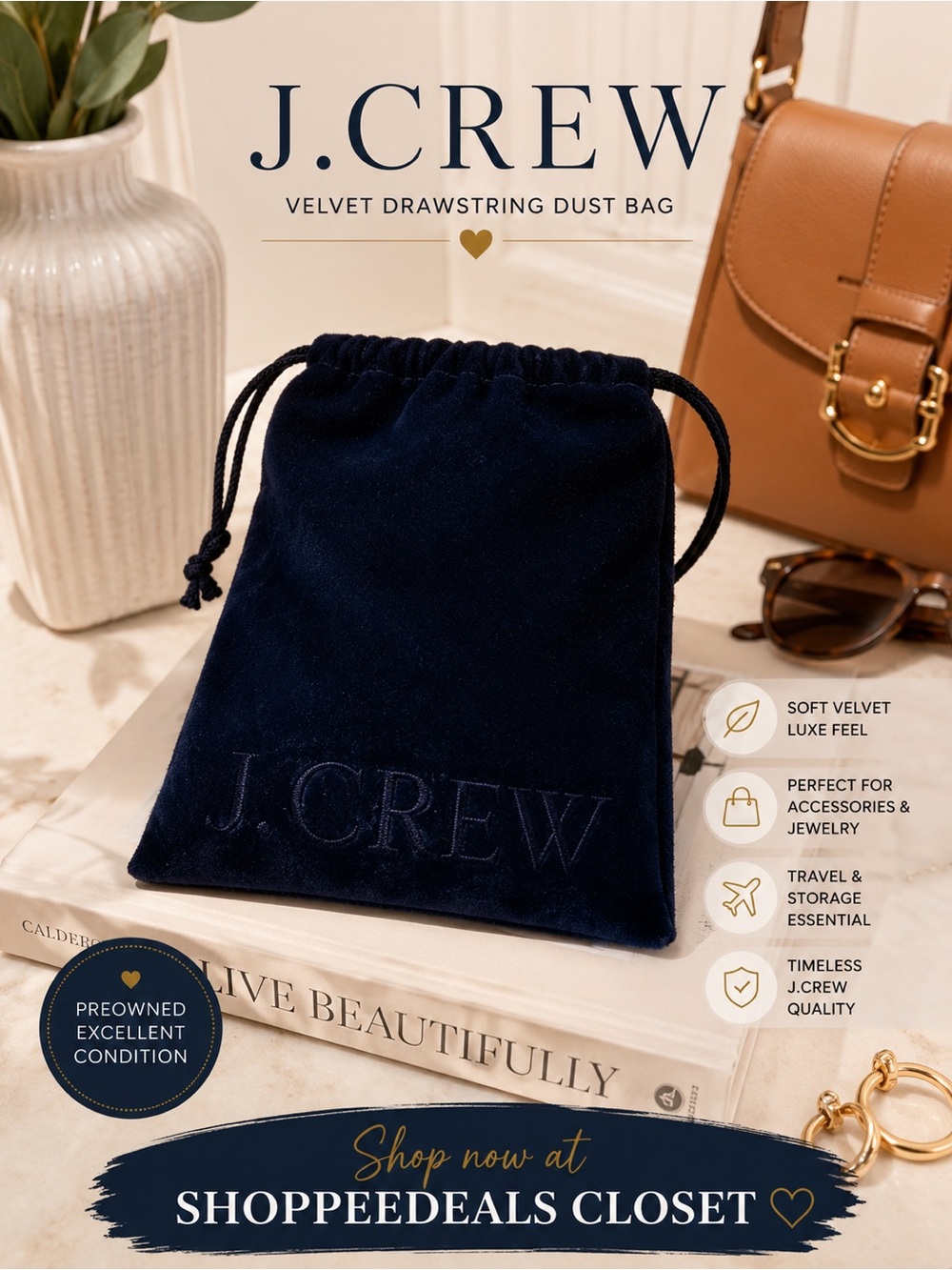J.Crew Velvet Drawstring Dust Bag Pouch Black